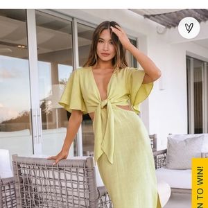 Lulu's Summer Journey Light Green Tie-Front Cutout Midi Dress